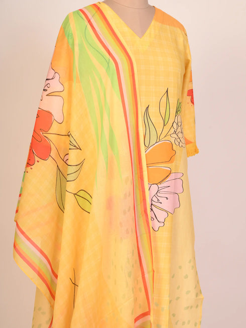 Yellow Cotton Floral Print Kurti Set